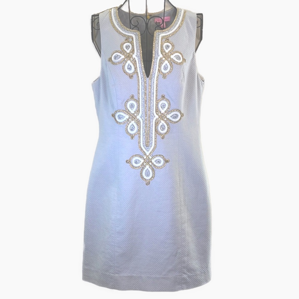 Lilly Pulitzer Mila Seaside Grey Mixed Metal Soutache Above Knee Dress Size 4